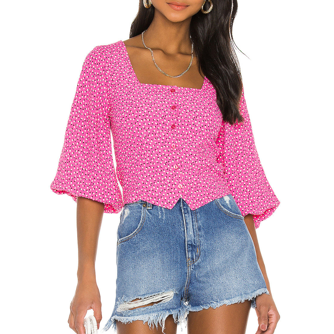 FASHION VINTAGE PUFF SLEEVES HOT PINK FLORAL CROPPED TOPS BLOUSES FOR WOMEN